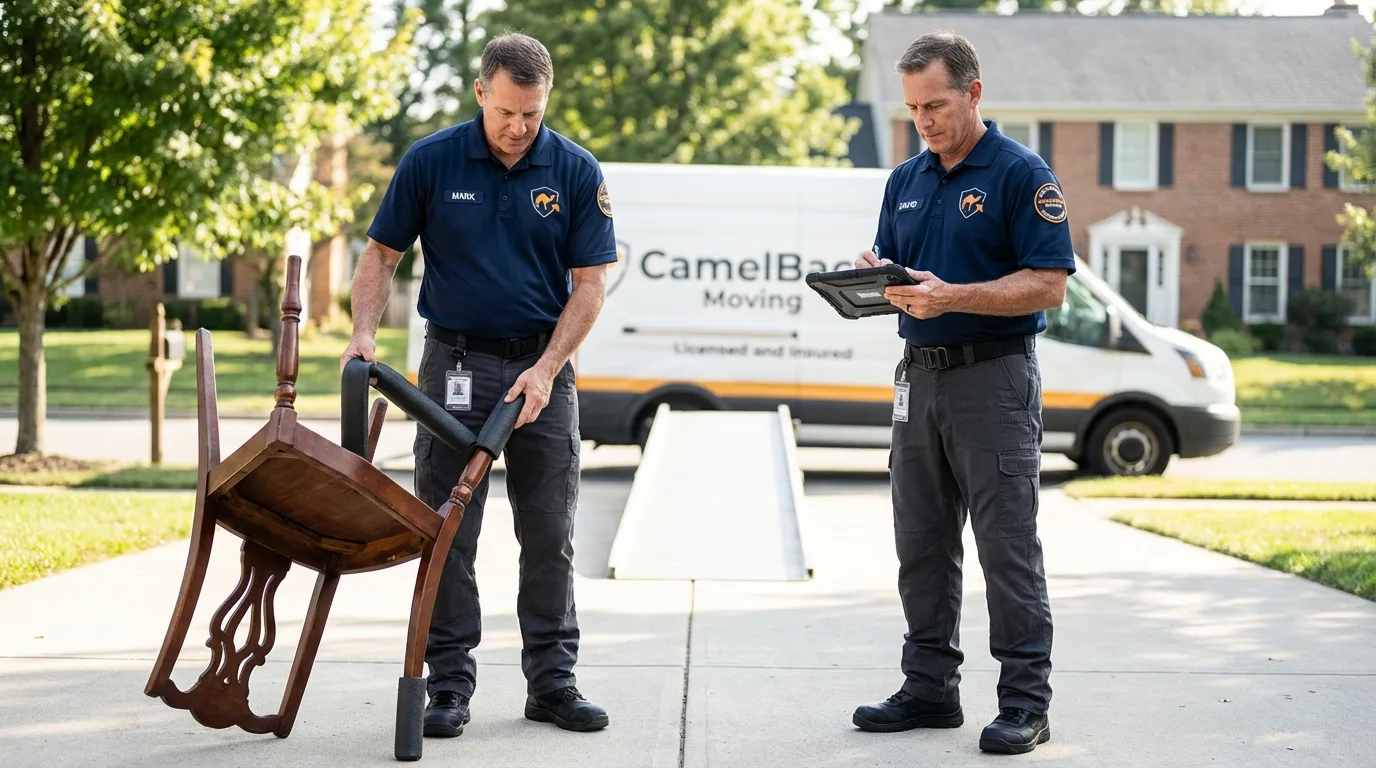 Movers inspecting furniture for damage prevention before loading in Shelbyville, TN