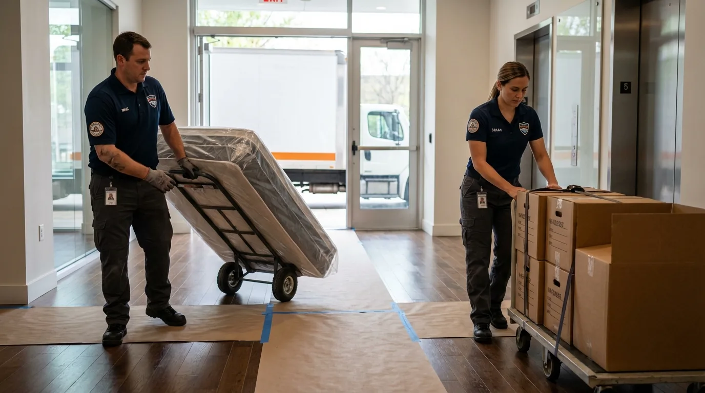 Professional apartment movers loading elevator in Shelbyville, TN