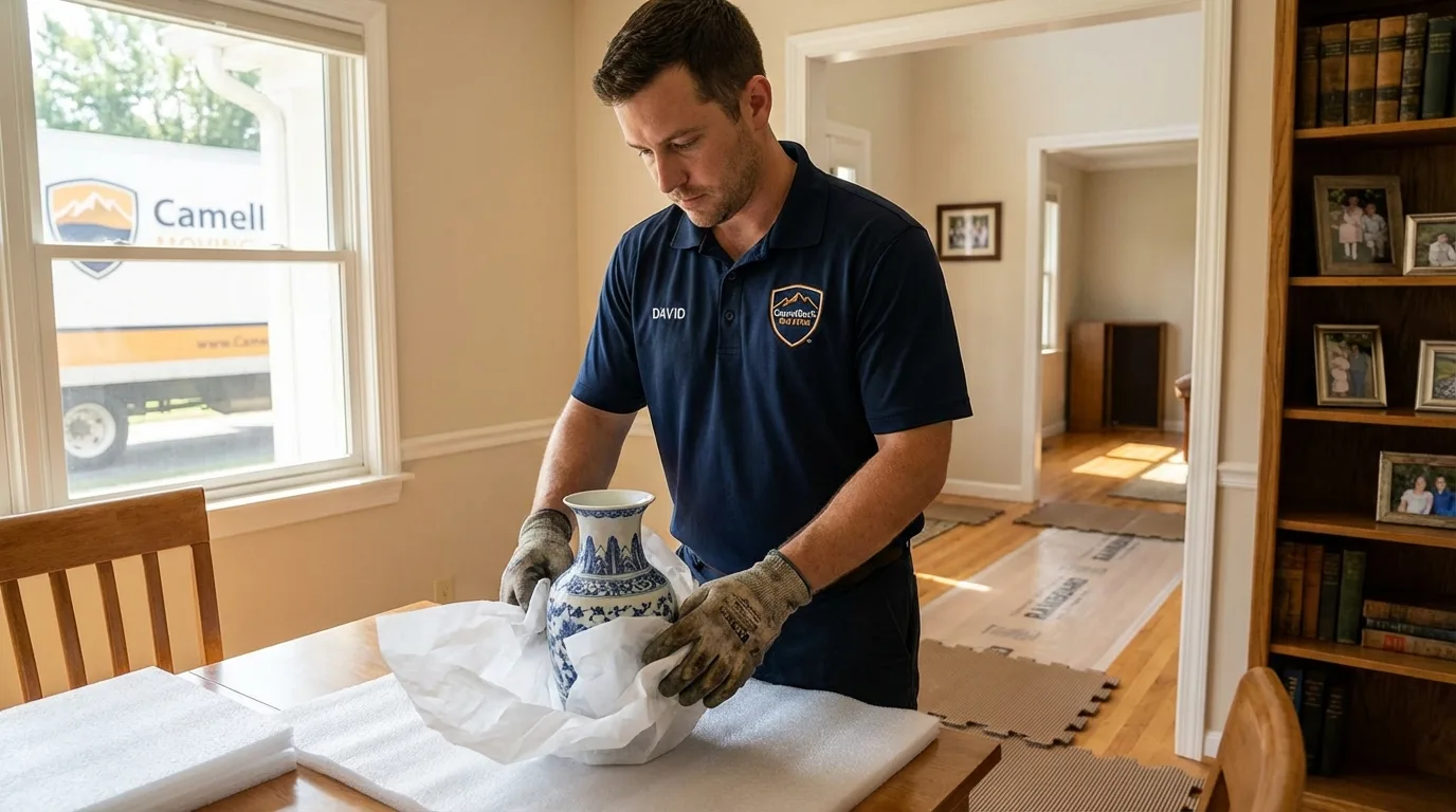 Professional crew carefully wrapping antique vase for senior downsizing move in Shelbyville, TN